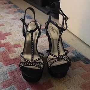Size 91/2  Sole Obsession black satin studded  wedge sandals. Like NEW
